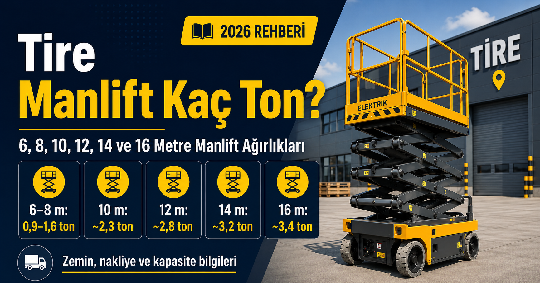 Tire manlift kaç ton? 6, 8, 10, 12, 14 ve 16 metre makaslı platform ağırlıkları